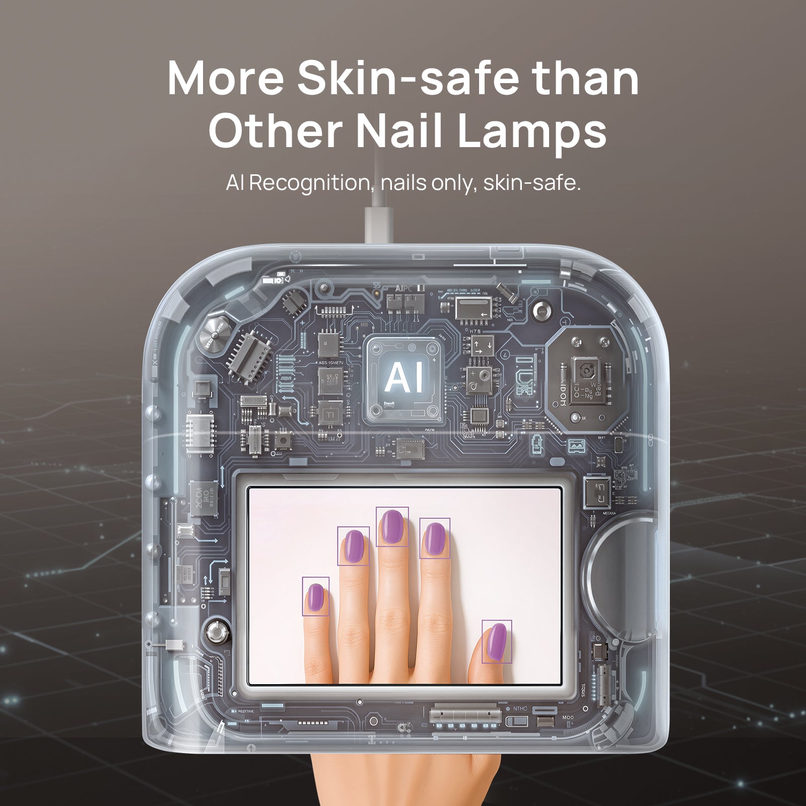 Nail lamp with electronic components and a screen displaying a hand with painted nails, on a dark background.