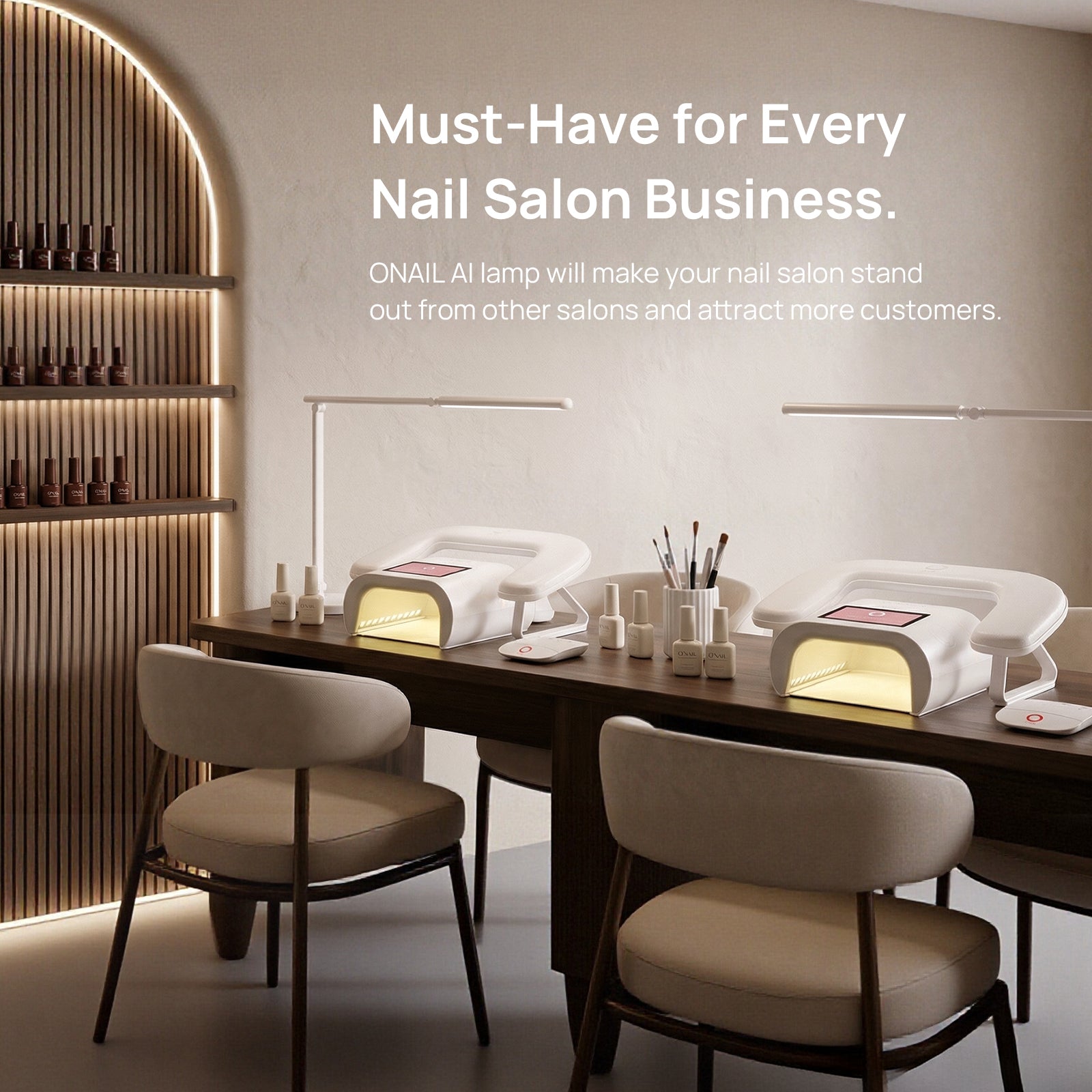 Nail salon interior with ONAIL AI lamps and chairs, highlighting the product's importance for nail salon businesses.