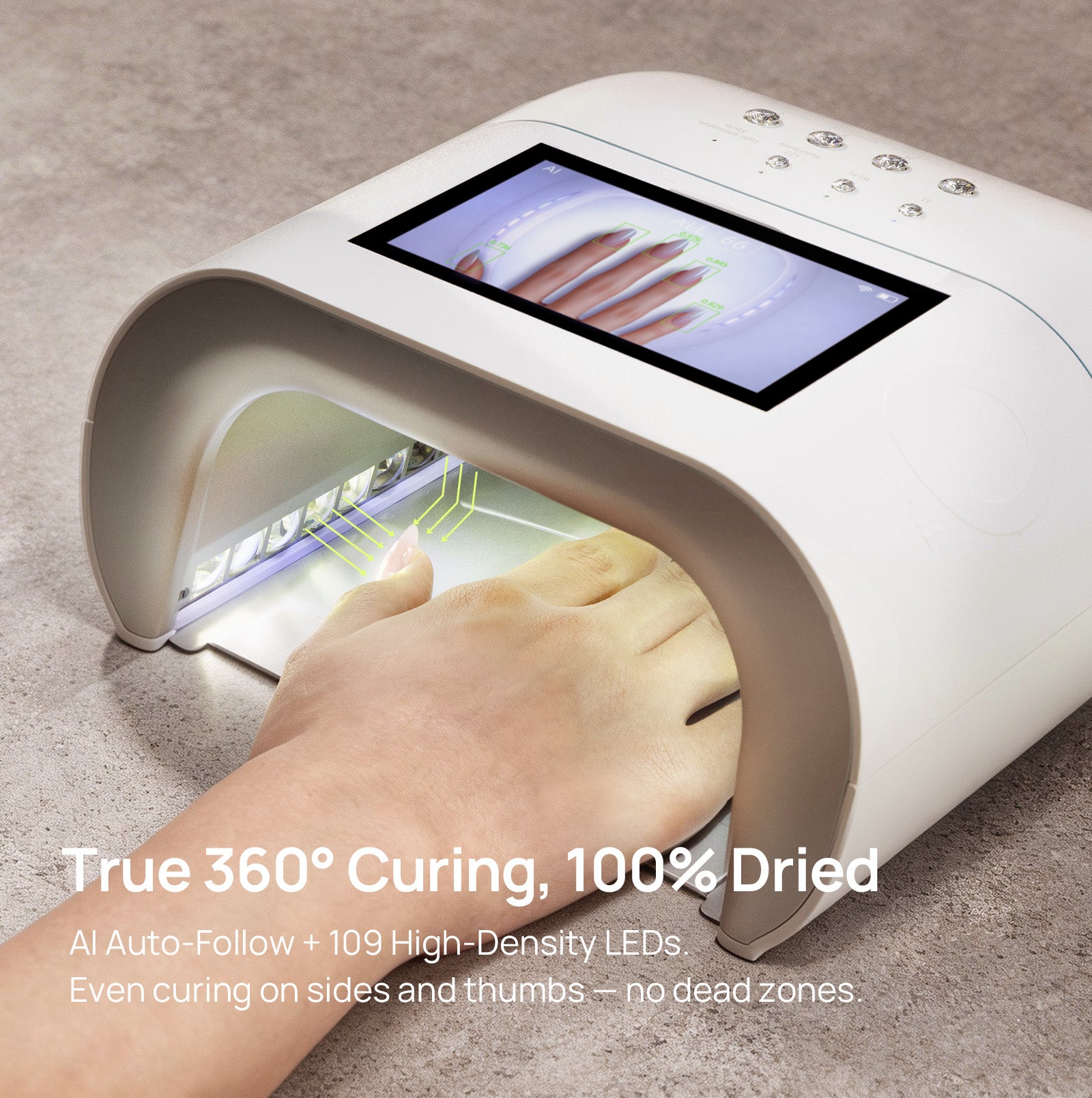 Nail curing lamp with a hand being cured, displaying text about 360-degree curing.