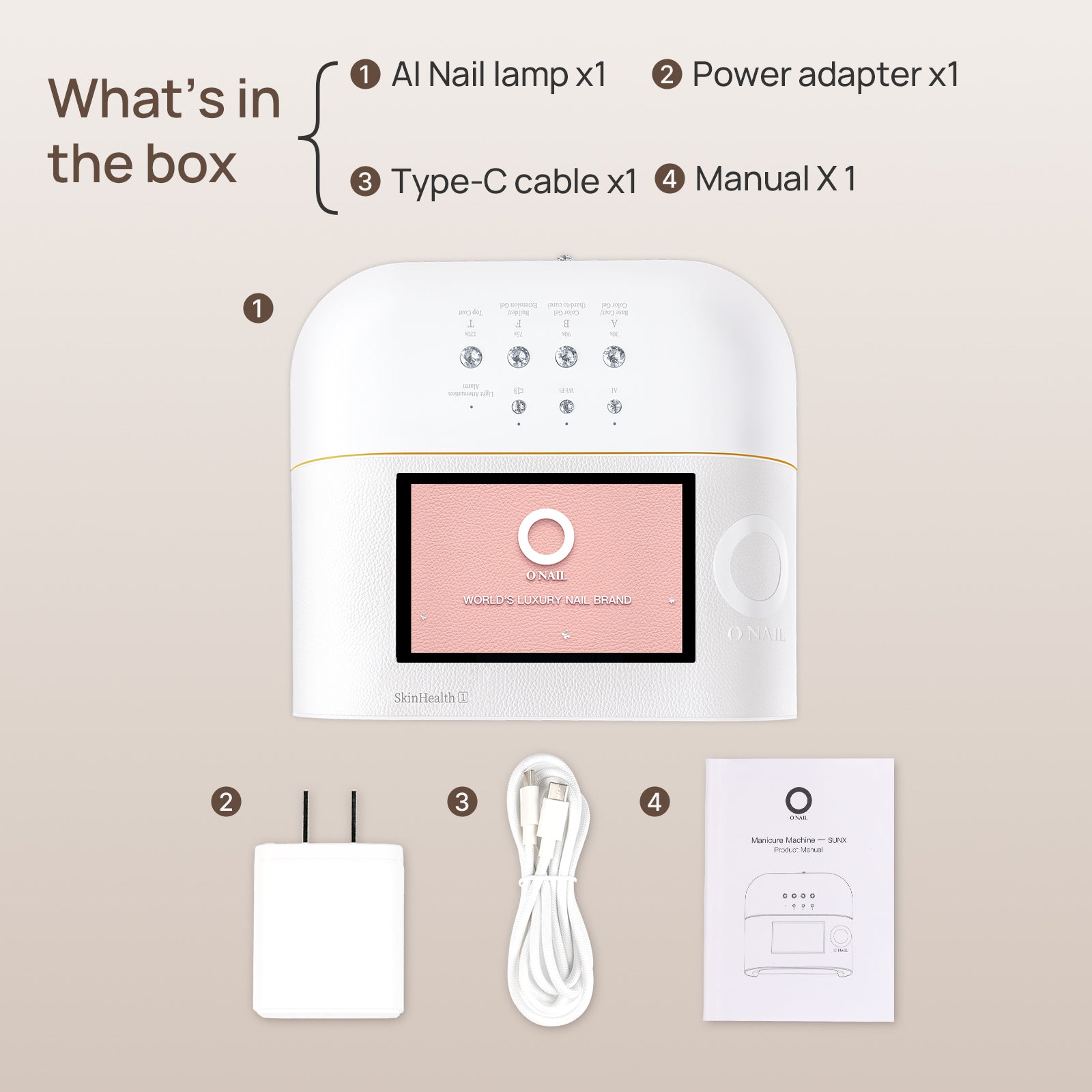 Nail lamp with power adapter, type-C cable, and manual on a beige background