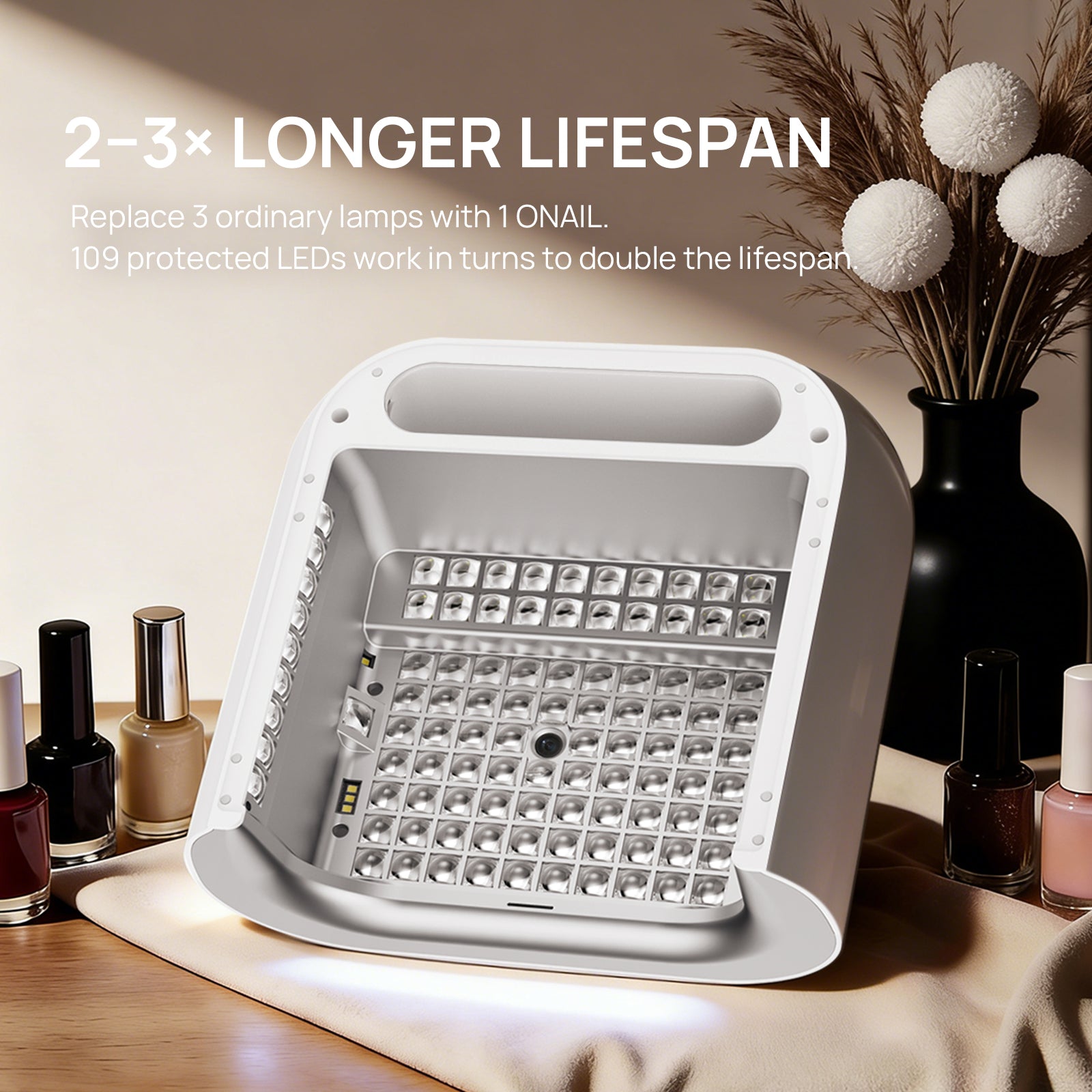White LED lamp with text about extended lifespan on a table with nail polish bottles.