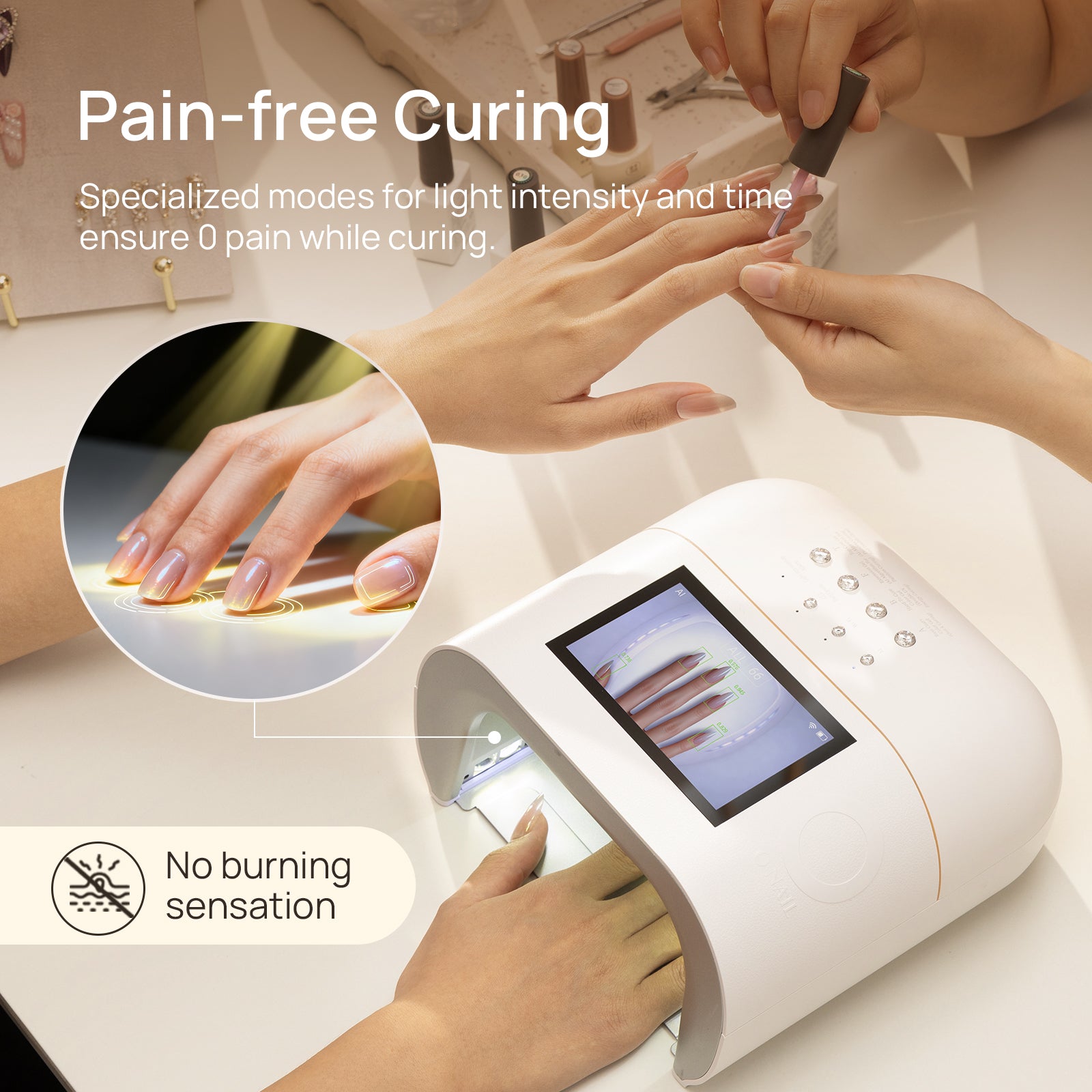Nail curing device with hands applying nail polish and showing a close-up of the curing process.